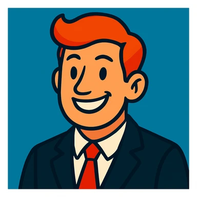 Headshot of a red-haired man in a black suit with a red tie, smiling, showing only the head and a bit of the torso, no beard, vibrant toon style. sticker