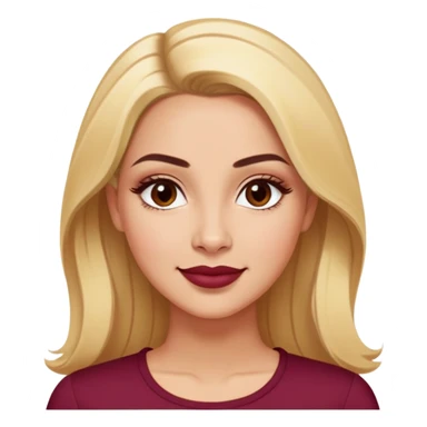 Puerto Rican actress Linette Torres with warm light skin, attractive elegant features, expressive eyes, well-defined eyebrows, straight nose, friendly smile, long blonde hair, wearing a fashionable burgundy top sticker