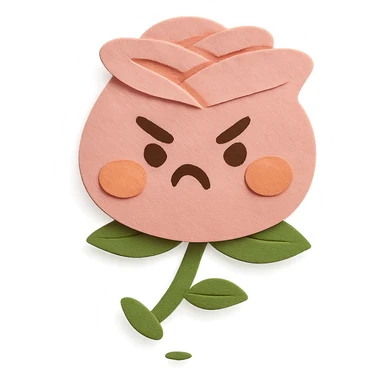 soft pink rose flower with puffed cheeks and an angry pouty face, stomping adorably, pastel tones, chibi round shape, paper-craft style sticker