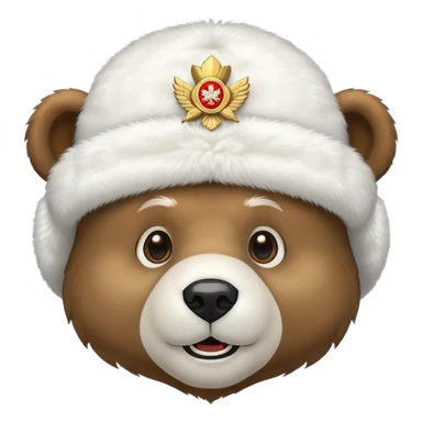 Friendly bear face with white fluffy ushanka hat with prominent Russian emblem in the middle, iOS emoji style sticker