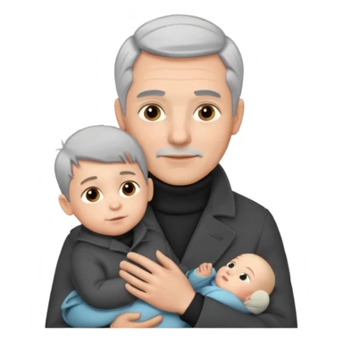A father with silver-grey hair styled neatly and a clean-shaven face, wearing a dark turtleneck and wool coat, holding his baby sticker