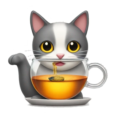 cat sipping tea from kettle with fish in its hand sticker