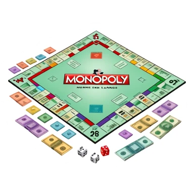 A photorealistic icon featuring a Monopoly board with property spaces, colorful game tokens, dice, and stacks of money. The design includes detailed textures of the board, cards, and tokens, capturing the essence of the Monopoly game. Transparent background, symbolizing Monopoly and board games. sticker