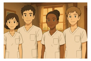 four nursing students standing side by side, inspired by four provided faces, wearing white short-sleeve medical tunics with V-neck, left chest pocket, no collar, no undershirt, no stethoscope, warm indoor ambiance, Ghibli style sticker