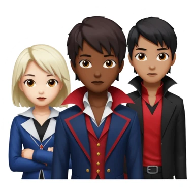 Solo poly platonic relationship, one is south African girl, one is Asian boy, one is biracial features Asian tomboy girl with anime short hair with long hair, vampire and marvel cosplay elements inspired. sticker