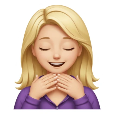 Happy blonde girl with eyes closed and mouth smiling and hands cupped around her neck - her eyes are squinty with excitment sticker