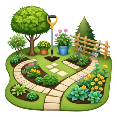 Icon for Landscape Design: a garden layout with plants, trees, paths, and design tools like a spade, pencil and measuring tape. The icon should represent creativity in outdoor space planning and gardening. Transparent background. sticker