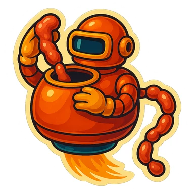 a robot that uses arms to put meat in large hole on top. sausage links come out robots rear. no legs on robot. robot hovers. robot feeds itself meat sticker