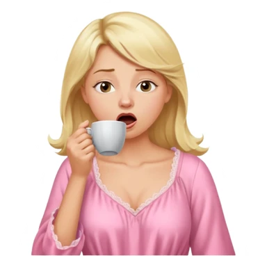 A blonde woman in a pink nightgown yawns, looking sleepy with dark circles under her eyes, drinking coffee, looking like she just woke up sticker
