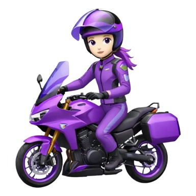 Créer un emoji copiable sur mon système iOS avec une moto mt07 noir mate / violet plus foncé que tu as et iridescent. le style de la mt07 doit être en sport. Avec pilote dessus visière violet bulle de la moto violet aussi. Avec fond arrière  violet  sticker