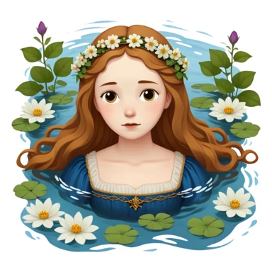 Ophelia from Hamlet floating in water surrounded by flowers, with a tragic expression, wearing a medieval dress, based on Millais painting and Shakespeare's character sticker