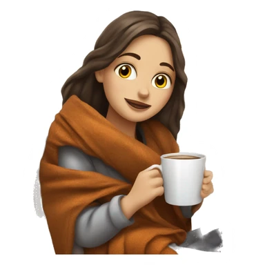 Brunette white girl covered in blanket autumn vibe sitting on a cozy chair holding coffee, window on the background sticker