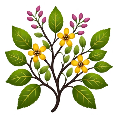 dull green leaves & colorful flowers filigree design & small fruits & ebony branches, extremely detailed, complex design sticker