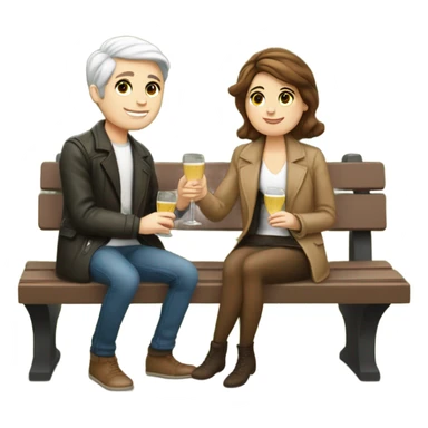 couple of white skin people and brown hair, sitting closely on a park bench, enjoying a romantic moment. One person is holding a croissant, and the other is holding a glass of Prosecco.  sticker