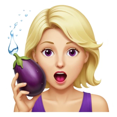 blond woman biting an aubergine, water jet coming out of the eggplant, shocked expression sticker
