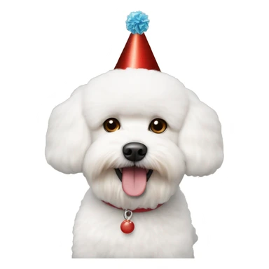 A white fur bichon frise with brown fur at the end of the ear and red nose with a birthday party hat and reddish eyes sticker