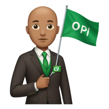 Create a emoji of a man in a suit brown skin with bald holding a green flag that says o phi o in greek letters sticker