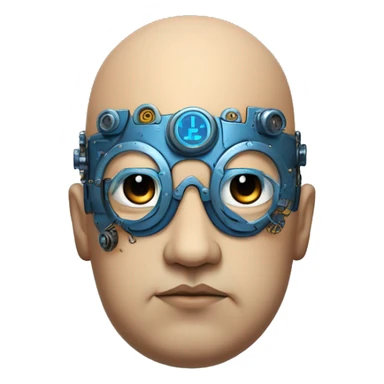 Fat bald cyborg head with tan skin, blue beard, blue steampunk goggles and circuits sticker