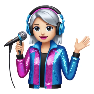 Create a vibrant and modern emoji that represents pop or stage vocal performance, focusing on the equipment and style. The design should feature a high-quality microphone, a stage monitor, and a sound mixing console, symbolizing the professional setup for pop vocals. Add elements like studio headphones, a soundboard with sliders, and an elegant stage costume (e.g., a sequined jacket or flashy stage attire) to reflect the glamour of stage performance. Use energetic colors like neon pink, electric blue, and silver to convey the high-energy nature of pop singing. The background should be transparent. sticker
