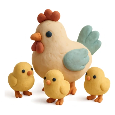 hen with baby chicks, soft pastel colors, visible fingerprints, matte plasticine look sticker
