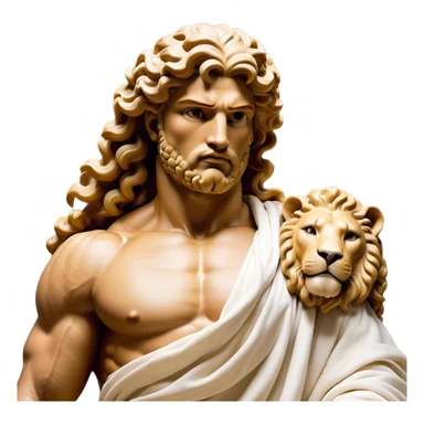 Cinematic Realistic Hercules Portrait, depicted as a classical Greek hero merging the fierce masculinity of the lion-wrestling Hercules with the refined face of Michelangelo's David. His light tan, chiseled skin glows with timeless strength, and his thick, curly, golden brown hair cascades in natural, sculpted curls reminiscent of a warrior’s mane. Draped in a flowing white robe with delicate golden accents and crowned with a traditional Greek laurel wreath, his intense, determined eyes exude noble might, all rendered under dynamic natural lighting with a mythic, radiant glow. sticker