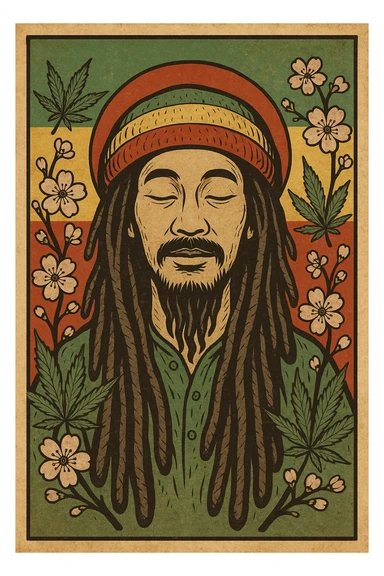 Vintage poster of an Asian Rasta with long dreadlocks, peaceful eyes, and a red-gold-green tam. Surrounded by cherry blossoms and ganja leaves. Background blends Rasta colors into an Asian flag (e.g., red sun from Japan or Chinese star). Retro reggae fusion vibe, with bold lines and aged paper texture.
 sticker