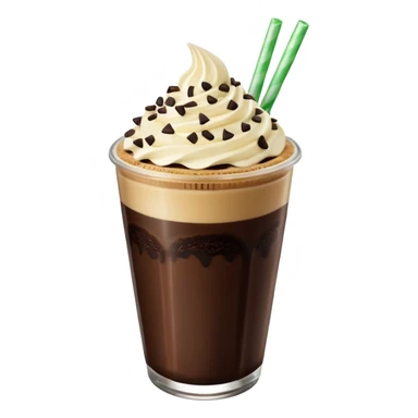 Vaso de vidrio con Frappé color café, crema en la parte superior con popote verde insertado en la crema, agregar encima de la crema chispas de chocolate y una galleta redonda color café oscuro tipo Oreo. sticker