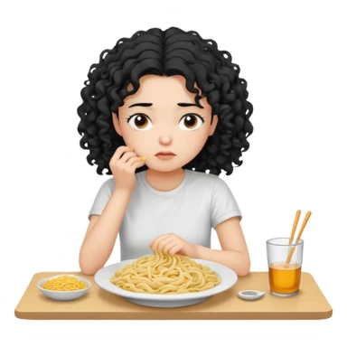 generate a pretty bratz fair skinned girl with curly black hair wearing a white tshirt sitting on a table with noodles. looking sleepy and tired sticker