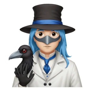 Plague Doctor with light-blue beautiful hair, handsome sexy, long hair tendril bangs down on the sides, white lab coat, blue cravat, black feathers on shoulder, raven companion, black gloves, red eyes sticker