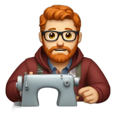 Red smooth haired man with beard and glasses sewing a saddle bag sticker