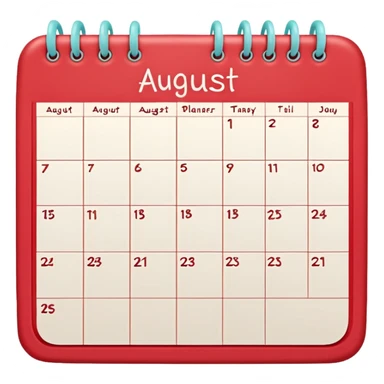 a monthly calendar labeled “August,” with rounded square date boxes, scalloped border frame, playful red doodle lines, and a cozy planner vibe. Minimal kawaii style, flat pastel color palette, slightly imperfect sketch lines, centered object, no background sticker