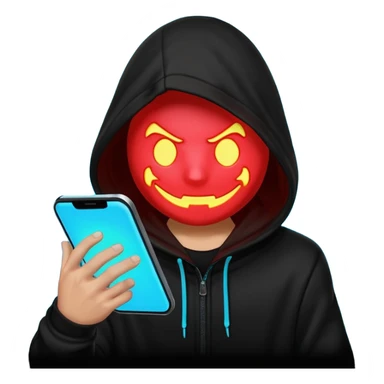Black-hooded neon hacker emoji, red and cyan glow only, slamming glowing text “FTHESCAMMERS” with impact flash, aggressive anti-scam vibe, smooth 2-second loop, transparent background, Discord sticker style, no new colors. sticker