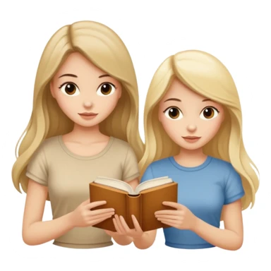 two beautiful girls in beige tops reading a beautiful vintage book. one brunette, the other blonde. both with long hair with sticker