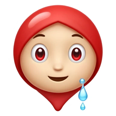 Cute red emoji character shaped like a droplet or jelly bean, with expressive eyes and a clever smile. Holding a small compressed bubble of content, like a tiny scroll or speech balloon. Symbolizes fast, smart summarization. Friendly and modern look, minimal lines, clean white background. sticker