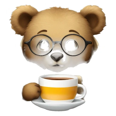 A baby bear wrapped in a blanket with glasses and a cup of tea or coffee with a book sticker