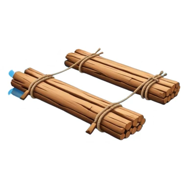 showing a simple wooden raft floating on calm blue water — made of several brown logs tied together with rope — gentle ripples around it — bright, cheerful lighting and soft shadows — minimalist, clean emoji design sticker