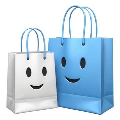 A 3D emoji of two white paper shopping bags, one large and one small, standing next to each other. Soft studio lighting, smooth 3D rendering, claymorphism style, minimalist design, cute, high resolution, isolated on a white background. sticker