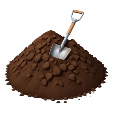 A 3D cartoon pile of dark brown soil with a small shovel inserted, rough texture, natural lighting, soft shadow, realistic Memoji-style rendering. sticker