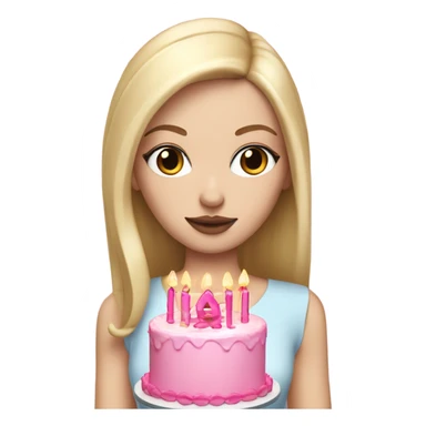 White girl with blonde straight hair, pink lips, dark eyes, white and pink birthday cake in hands sticker