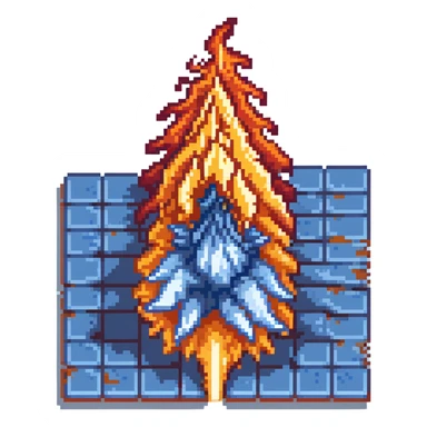 Bomberman downward-facing end-cap explosion tile, flames ending and tapering downward with pronounced flame wisps, orange/yellow with more red at the tips, extending about 70% into down direction sticker