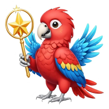 A red parrot with a magic wand sticker