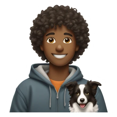 A happy curly-haired boy in a sweatshirt holds a border collie sticker