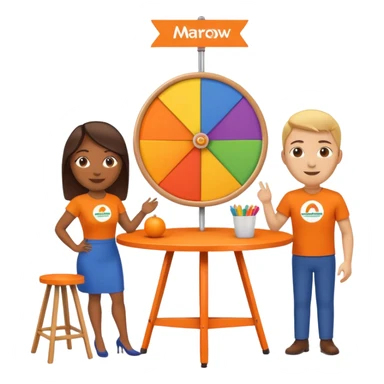 emoji of a recruitment booth. Two cartoon figures stand behind an orange table with 'MARROW, be a match' branding, a colorful spinning wheel, and a branded vertical banner. Simplified and cute. There should not be fruit in the picture.  sticker