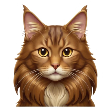 Cinematic Brown Maine Coon Cat Portrait Emoji, Elegant and alert, sleek brown and gold tones with hints of deep auburn, Simplified yet sharp features, highly detailed, glowing with a warm, confident glow, high shine, intelligent and poised with an air of wisdom, stylized with an air of grace, focused and attentive with a calm, old soul expression, soft glowing outline, capturing the essence of experience and majesty, so lifelike it feels as though it could spring into motion at any moment, radiating wisdom and grace. sticker