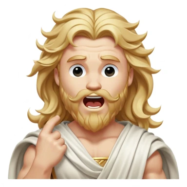 Cinematic Realistic Thor Portrait, head tilted slightly with a dramatic, wide-open yawn, revealing a moment of unguarded human vulnerability amidst his divine stature. His fair, luminous skin and elegantly styled, wavy golden hair maintain their sculptural perfection even in repose. Dressed in a flowing white toga with understated golden accents, the portrait is bathed in soft natural light, capturing a rare glimpse of relaxed, timeless strength from a Greek god reborn. sticker