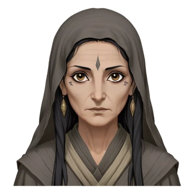 Mirri Maz Duur is a weathered, age 55 Lhazareen woman with deep-set dark eyes, high cheekbones, and a sharp nose, giving her a stern, knowing expression. Her long, unkempt dark hair streaked with gray falls loosely over her shoulders, and her earth-toned, tattered robes mark her as a humble healer. Despite her frail appearance, she exudes an aura of mystery and menace, her hands stained with herbs and blood from both healing and dark sorcery. sticker