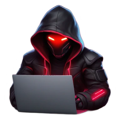 developer behind his laptop with this style : Crytek Crysis Video game neon glowing bright red character red black hooded hacker themed character sticker