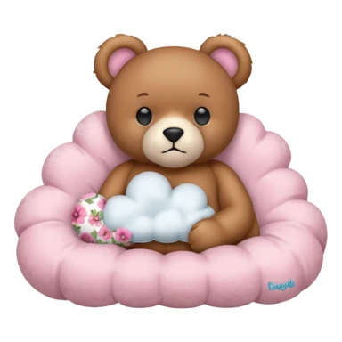 fluffy pink teddy bear in boxer stance, floral neck pillow, holding frilly cloud-shaped satin pillow in right hand, minimal and cute, iPhone emoji style sticker