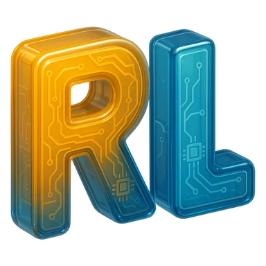 Add a tech-inspired icon such as a circuit, microchip, or digital element to the modern 'RL' logo. Keep the design minimalistic and professional with clean lines and a subtle metallic or gradient finish. Maintain the transparent background. sticker