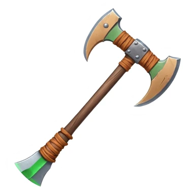 barbarian axe object icon, huge double-bladed axe, rough metal, wooden handle, leather wraps, fantasy style, 3D cartoon, mobile game icon style, centered, clean background, soft shadow, no text, no watermark
 sticker